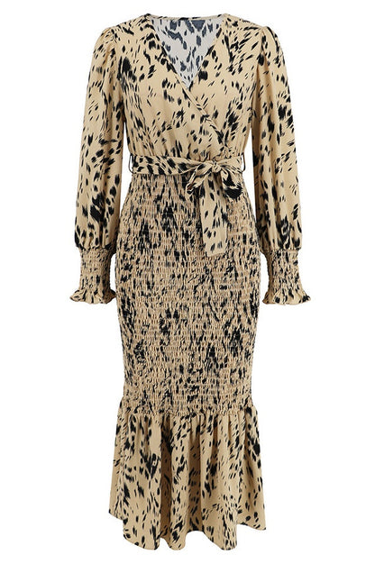 Robe Midi Smockée Imprimée à Col V