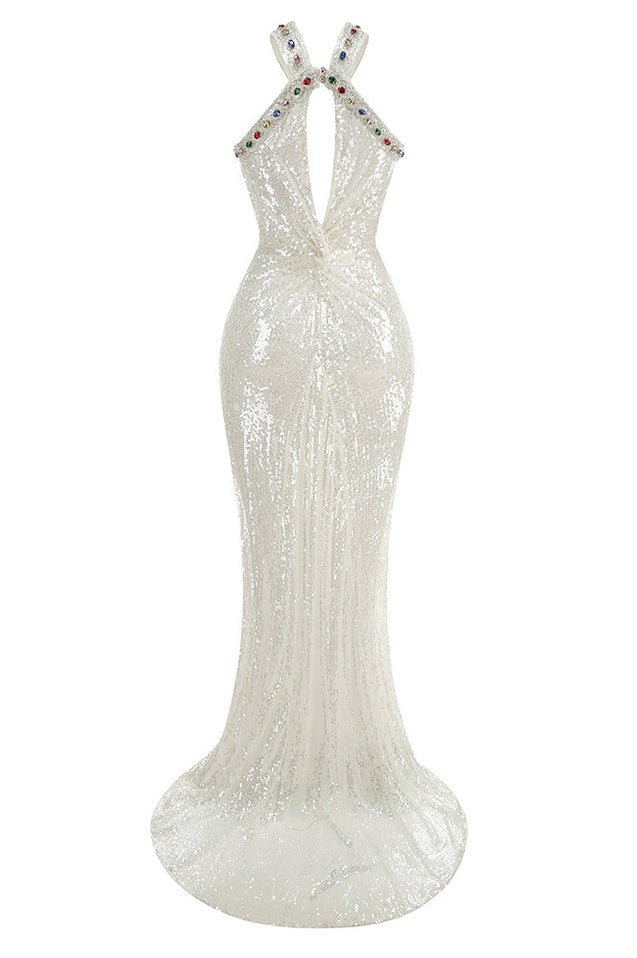 Robe Maxi à Sequin Blanc Bobbie Halter