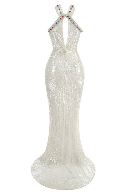 Robe Maxi à Sequin Blanc Bobbie Halter