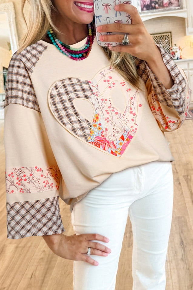 Haut à Manches Longues en Patchwork Floral en Forme de Coeur