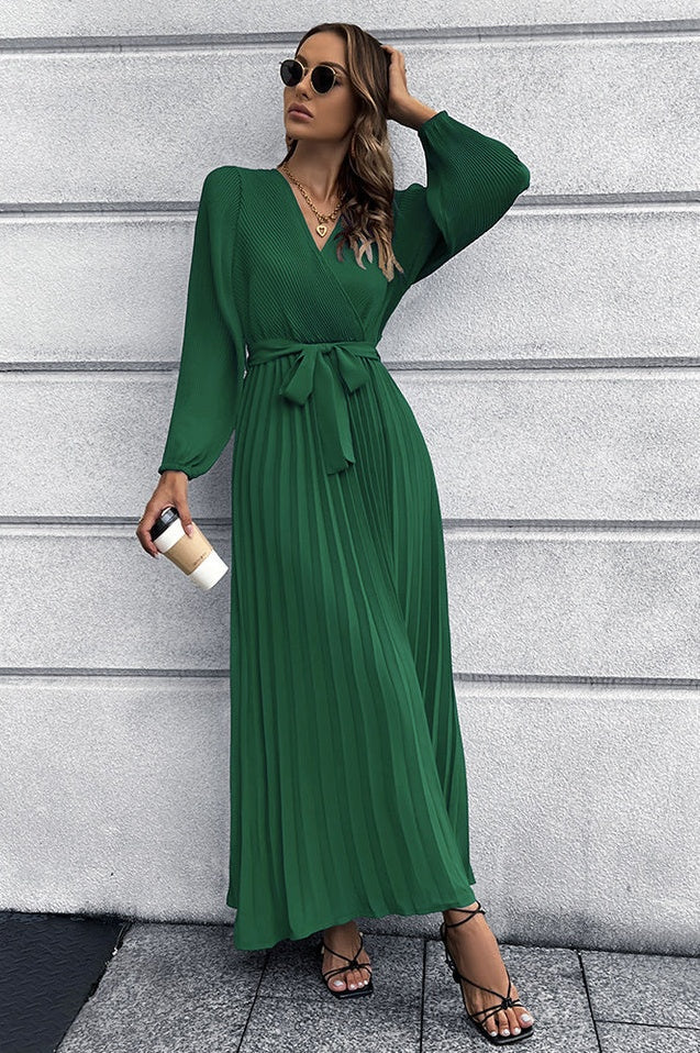Robe Plissée Évasée à Col en V