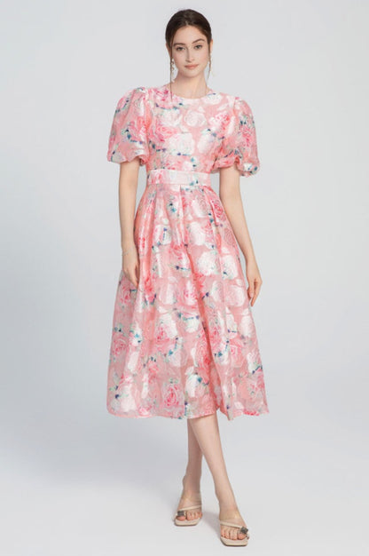Robe Midi à Manches Bouffantes