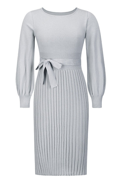 Robe Tricot Épousant à Manches Longues Brodée et Plissée
