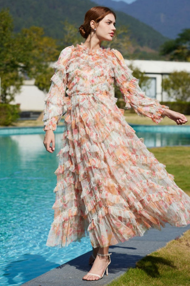 Robe Maxi en Tulle Imprimé à Froufrous Floraux - Révier Paris