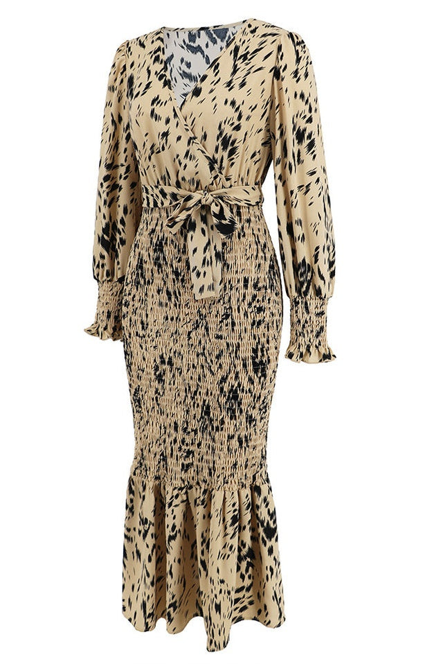 Robe Midi Smockée Imprimée à Col V