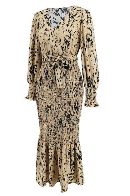 Robe Midi Smockée Imprimée à Col V