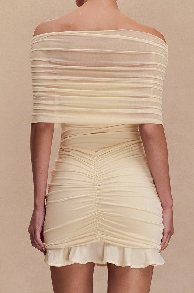Robe Mini Évasée en Mesh et Satin à Épaules Dénudées