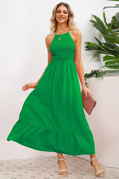 Robe de Cérémonie à Bretelles Spaghetti Croisées et Smockée