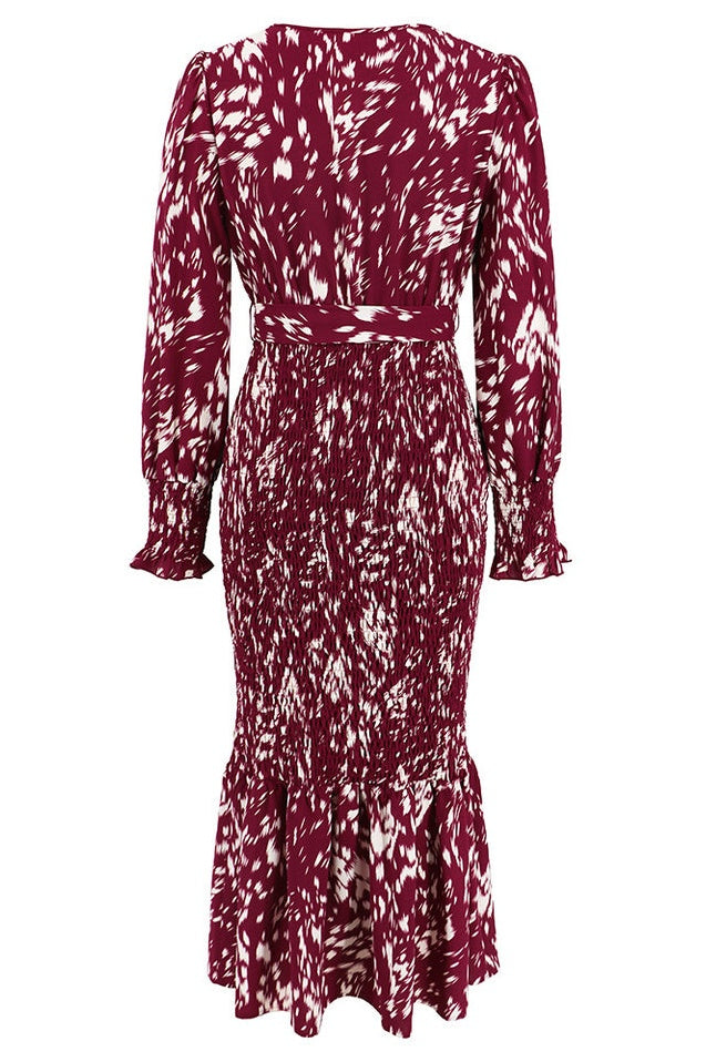 Robe Midi Smockée Imprimée à Col V