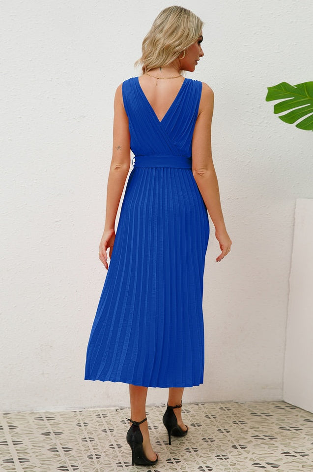 Robe Sans Manches Plissée avec Ceinture