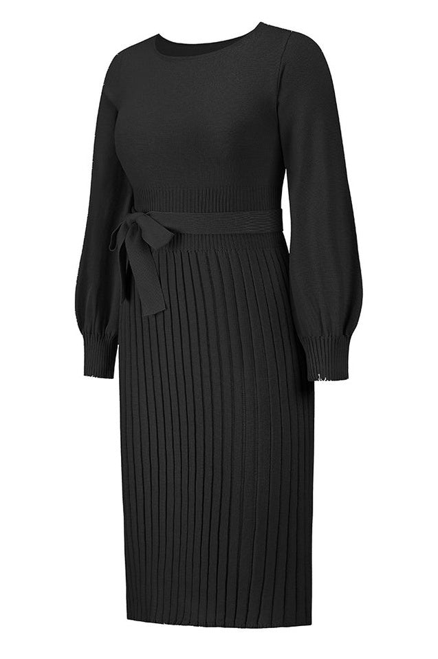 Robe Tricot Épousant à Manches Longues Brodée et Plissée