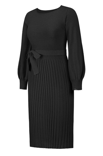 Robe Tricot Épousant à Manches Longues Brodée et Plissée