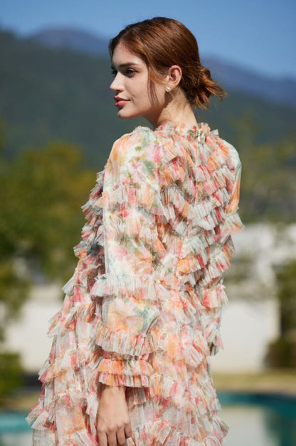 Robe Maxi en Tulle Imprimé à Froufrous Floraux