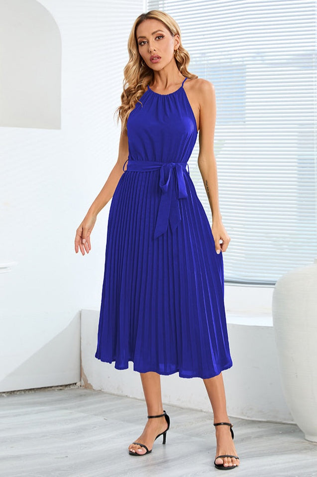 Robe Midi Évasée à Bretelles Spaghetti et Taille Cintrée Plissée