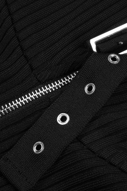 Robe Tricotée à Col Bouffant et Détails Zippés