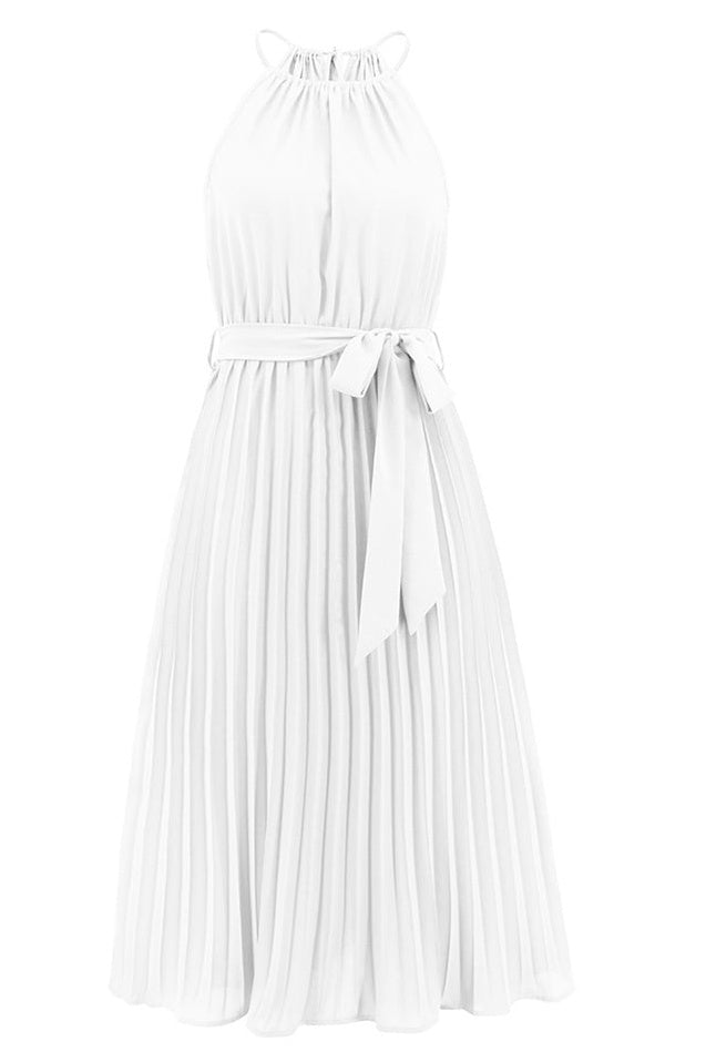 Robe Midi Évasée à Bretelles Spaghetti et Taille Cintrée Plissée