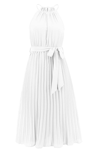 Robe Midi Évasée à Bretelles Spaghetti et Taille Cintrée Plissée