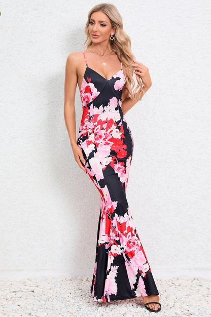 Robe de Soirée Brodée à Bretelles Croisées et Coupe Sirène