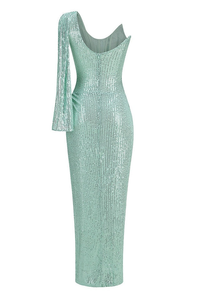 Robe Maxi Évasée à Épaule Unique et Décolleté Fissuré