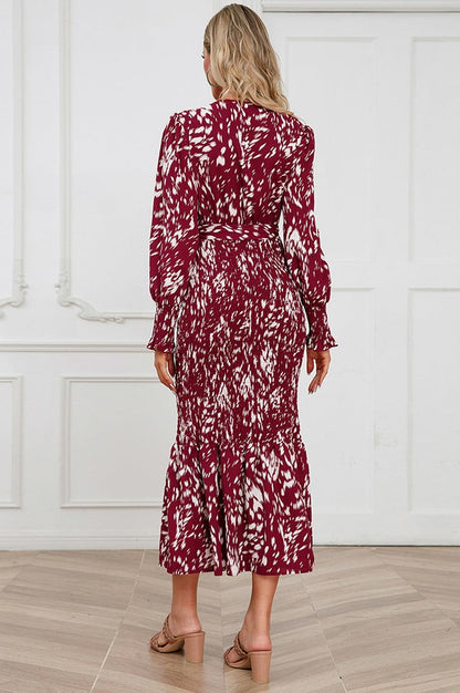 Robe Midi Smockée Imprimée à Col V
