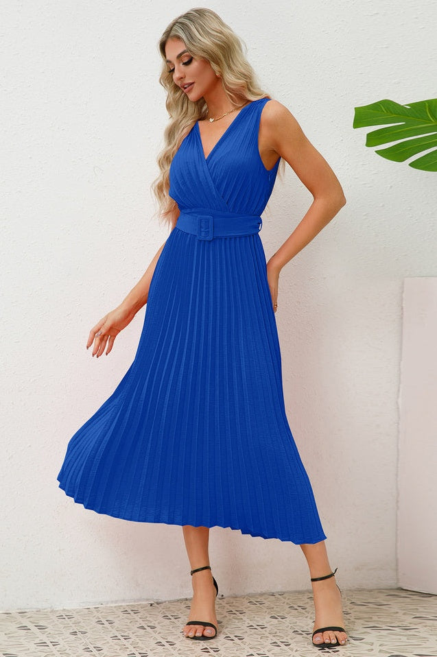 Robe Sans Manches Plissée avec Ceinture