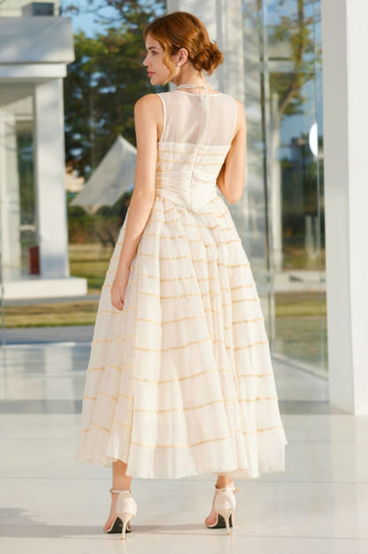 Robe Longue Maxi à Col Rond avec Nœud Papillon