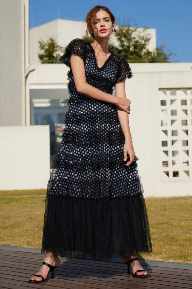 Robe Maxi en Tulle à Volants Superposés et Paillettes