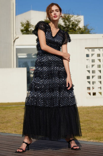 Robe Maxi en Tulle à Volants Superposés et Paillettes