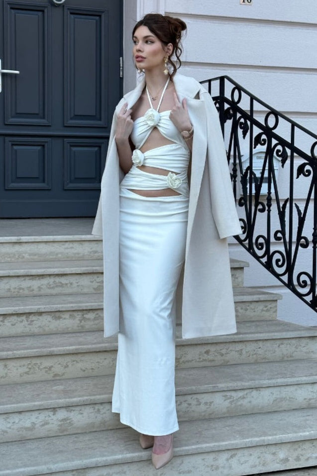 Robe Maxi Évasée à Col Halter, Découpes et Fronces