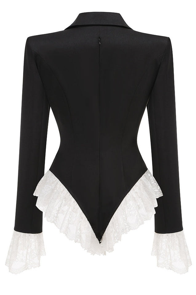 Blazer Évasé en Dentelle Brodée à Décolleté en V