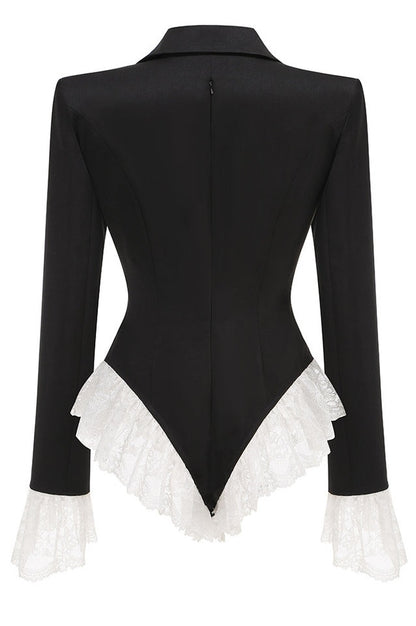 Blazer Évasé en Dentelle Brodée à Décolleté en V