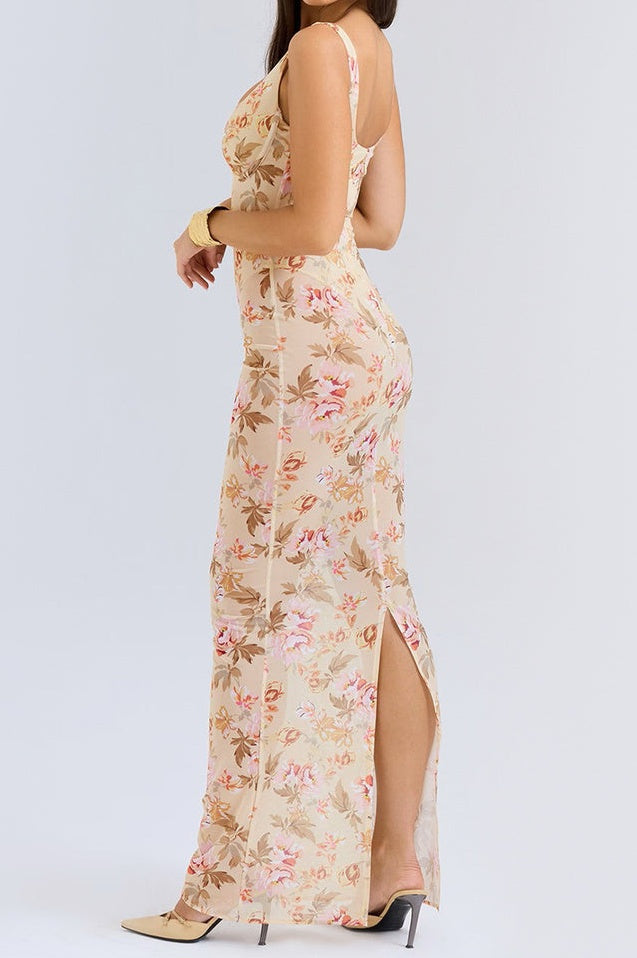 Robe Longue Évasée à Corsage Bustier Floral