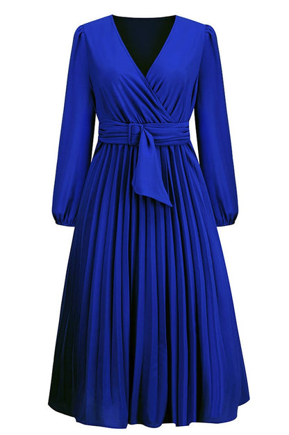 Robe V à Col en V avec Ceinture Plissée