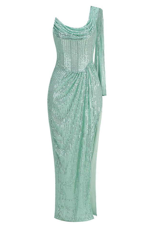 Robe Maxi Évasée à Épaule Unique et Décolleté Fissuré