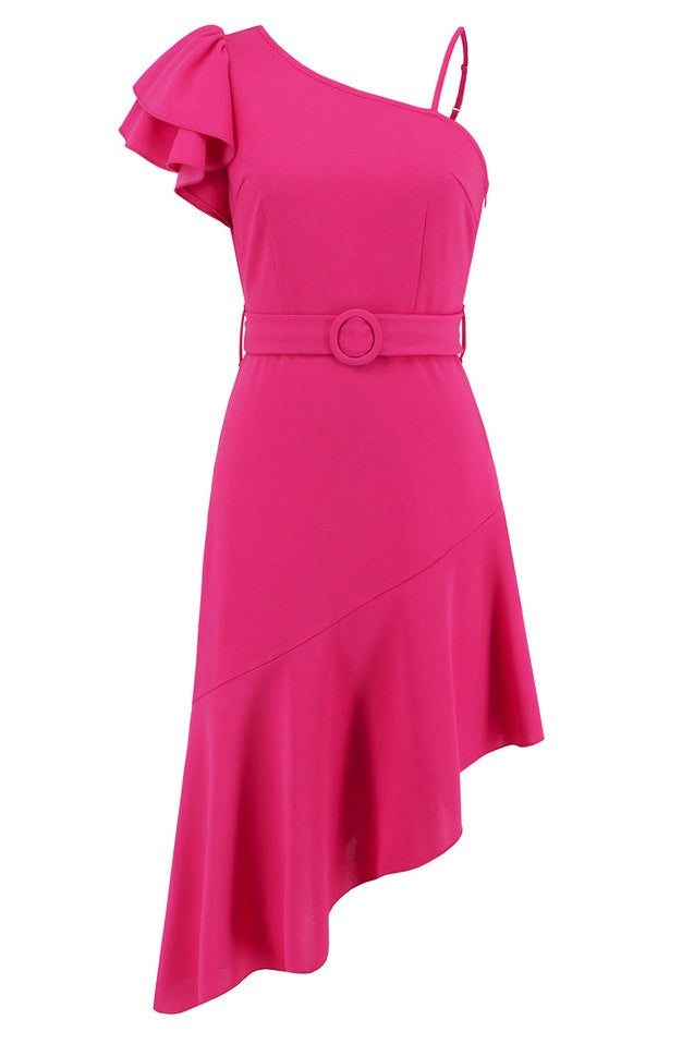 Robe Évasée à Encolure Asymétrique et Manches Papillon