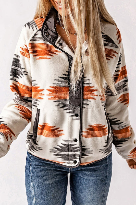 Veste en Fleece à Boutons-pression et Motif Aztèque