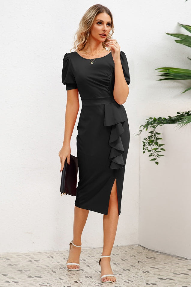 Robe Midi Bodycon à Manches Bouffantes, Volants et Fente