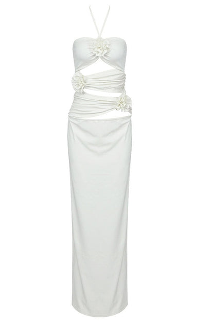 Robe Maxi Évasée à Col Halter, Découpes et Fronces