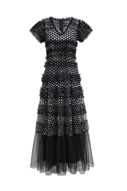 Robe Maxi en Tulle à Volants Superposés et Paillettes