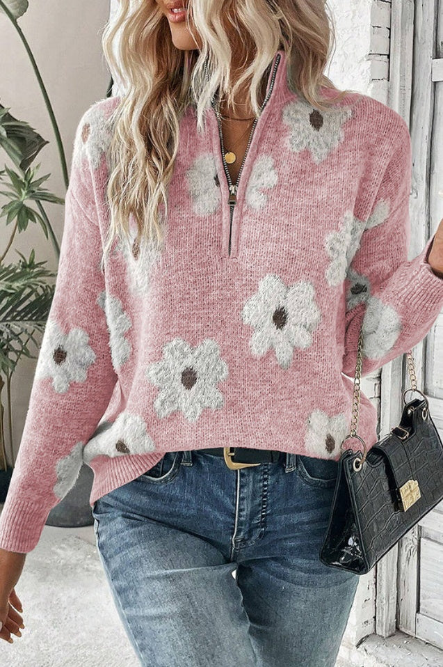 Pull Mi-zipper à Motif Floral