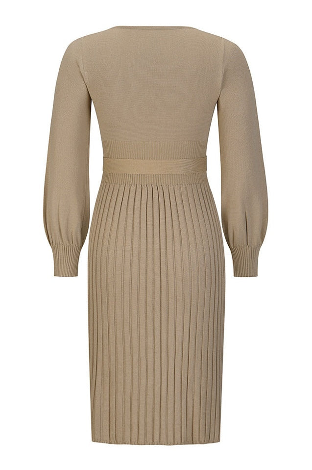 Robe Tricot Épousant à Manches Longues Brodée et Plissée
