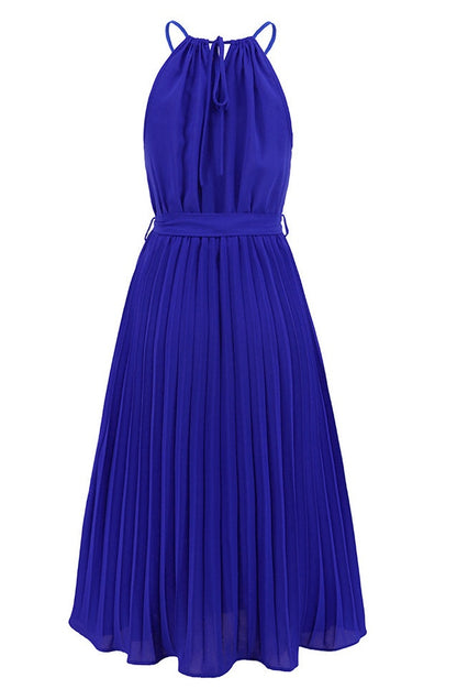 Robe Midi Évasée à Bretelles Spaghetti et Taille Cintrée Plissée