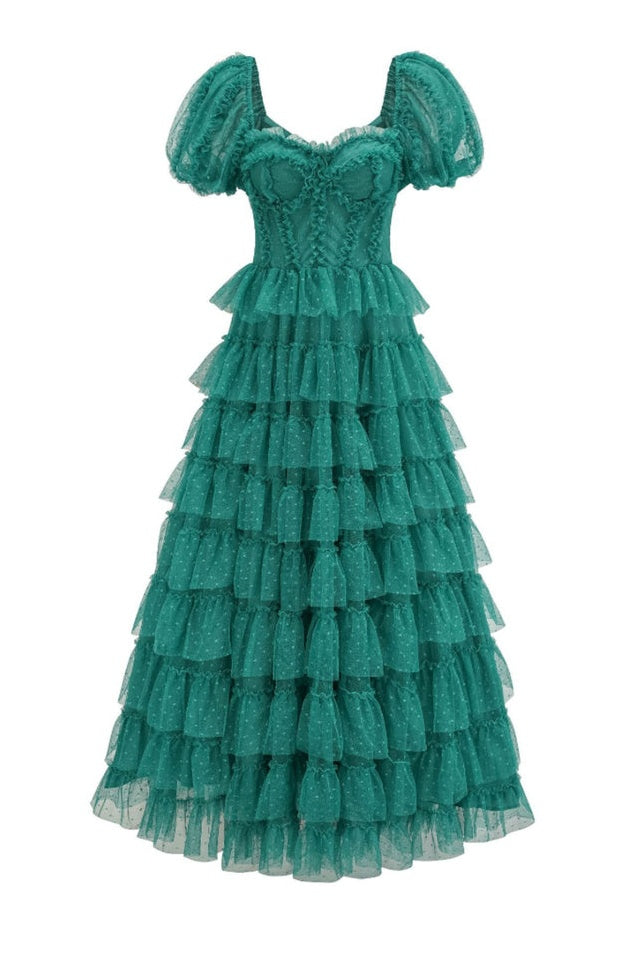 Robe de Cérémonie Évasée à Volants Décolleté Bardot