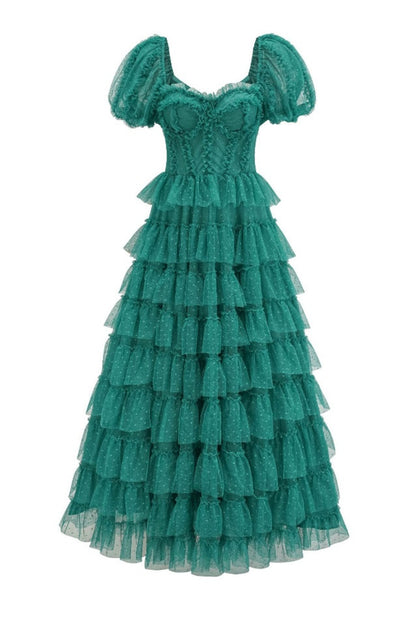 Robe de Cérémonie Évasée à Volants Décolleté Bardot