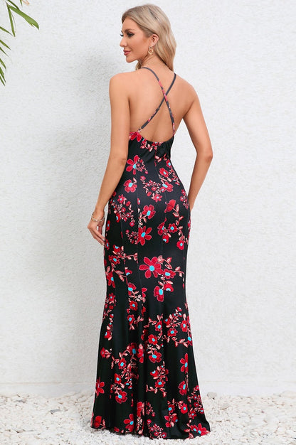 Robe de Soirée Brodée à Bretelles Croisées et Coupe Sirène