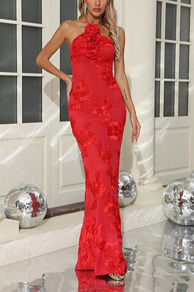 Robe Brodée 3D à Décolleté Halter