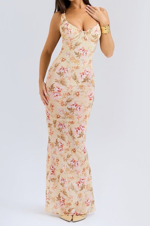 Robe Longue Évasée à Corsage Bustier Floral