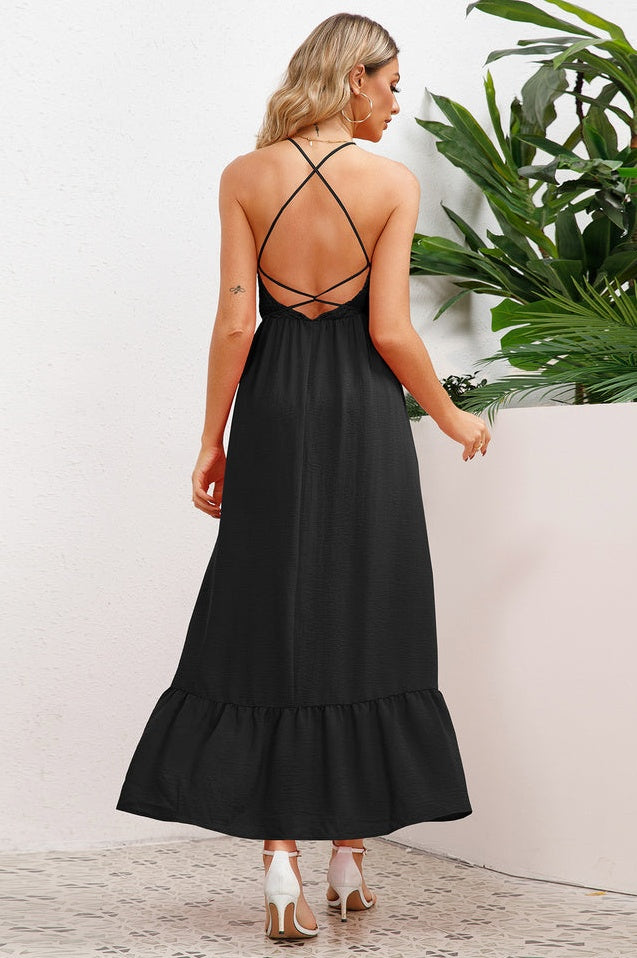 Robe de Cérémonie à Bretelles Spaghetti Croisées et Smockée