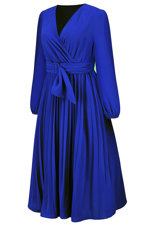 Robe V à Col en V avec Ceinture Plissée