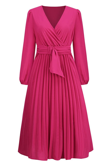 Robe V à Col en V avec Ceinture Plissée